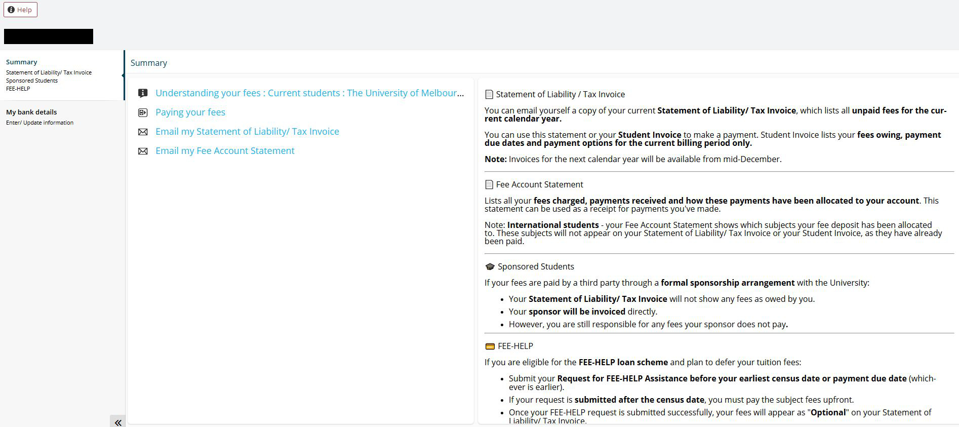 Screenshot from my.unimelb showing information found under 'Finance Summary