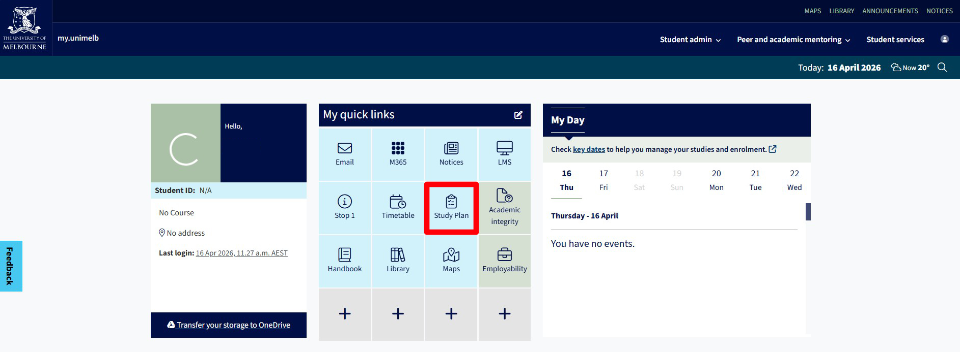 Screenshot of the view within my.unimelb upon login with 'Study Plan' highlighted.