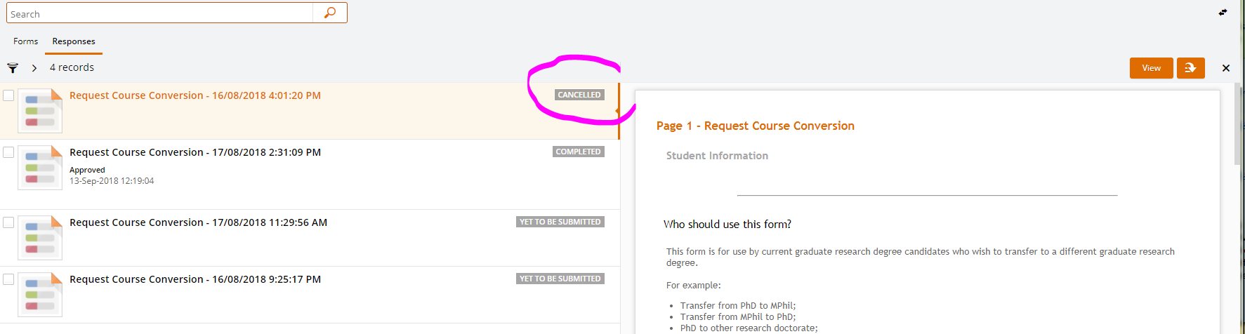 StudentOne screenshot with Cancelled status circled