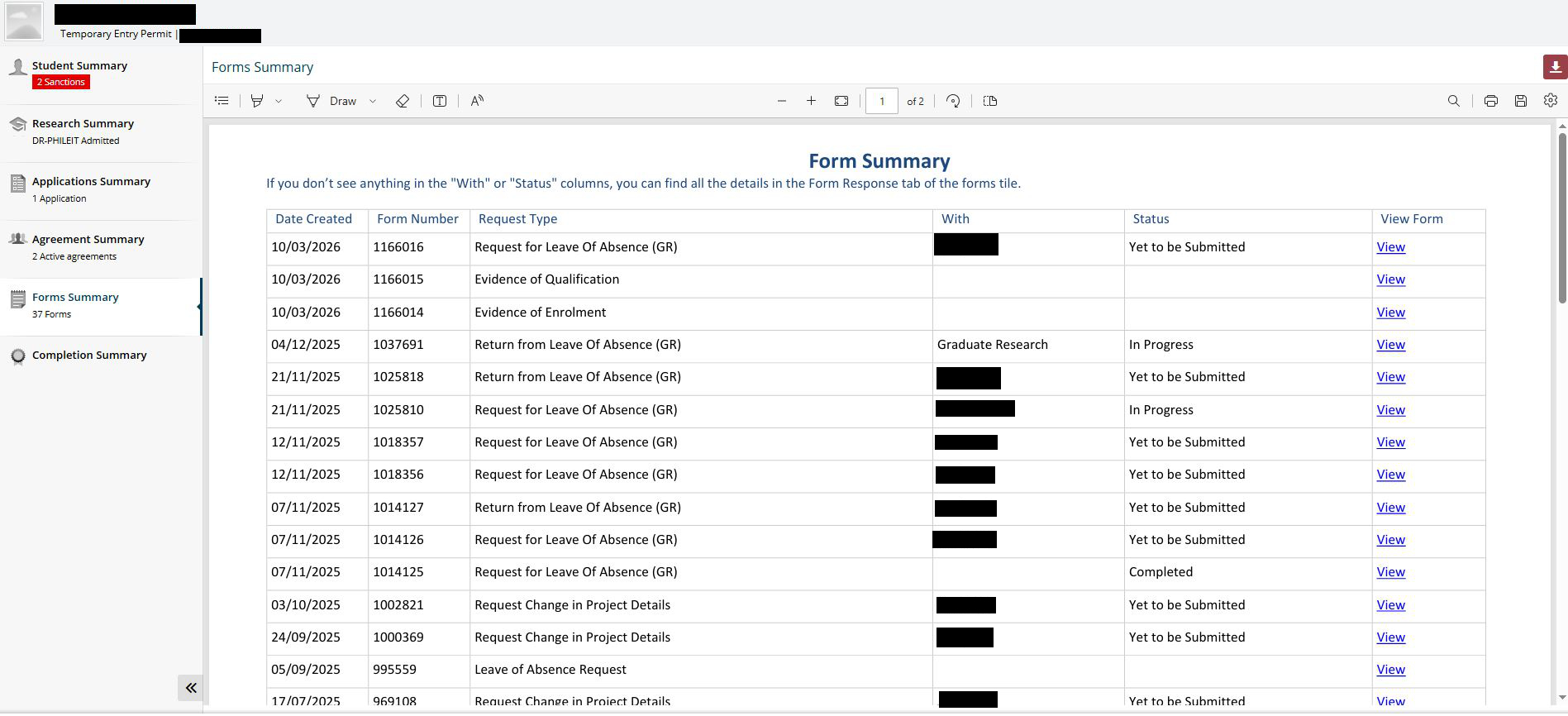 Screenshot from my.unimelb showing information found under 'Forms Summary