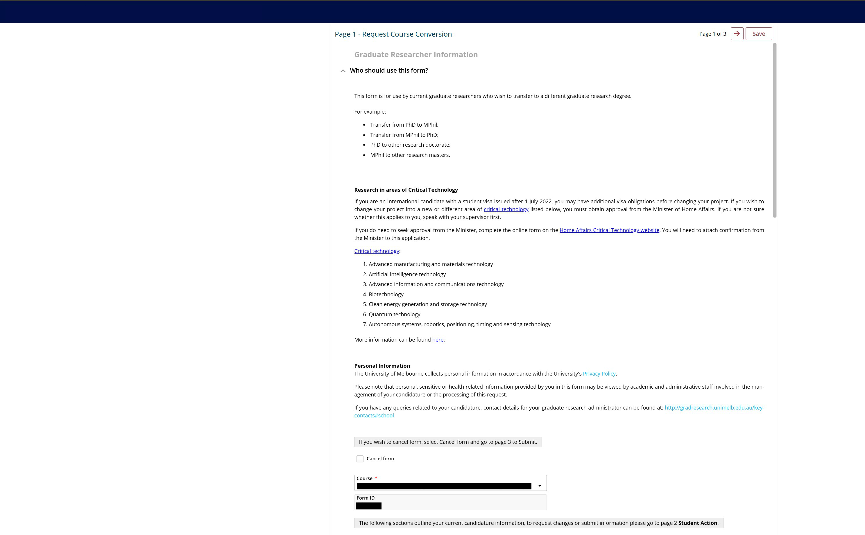 Screenshot within my.unimelb of the full-page view of forms.