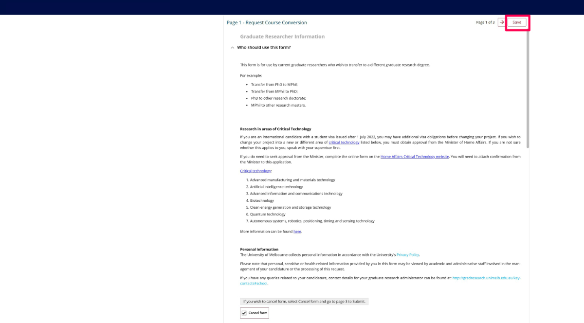 Screenshot within my.unimelb of the option to save a form ahead of cancellation.