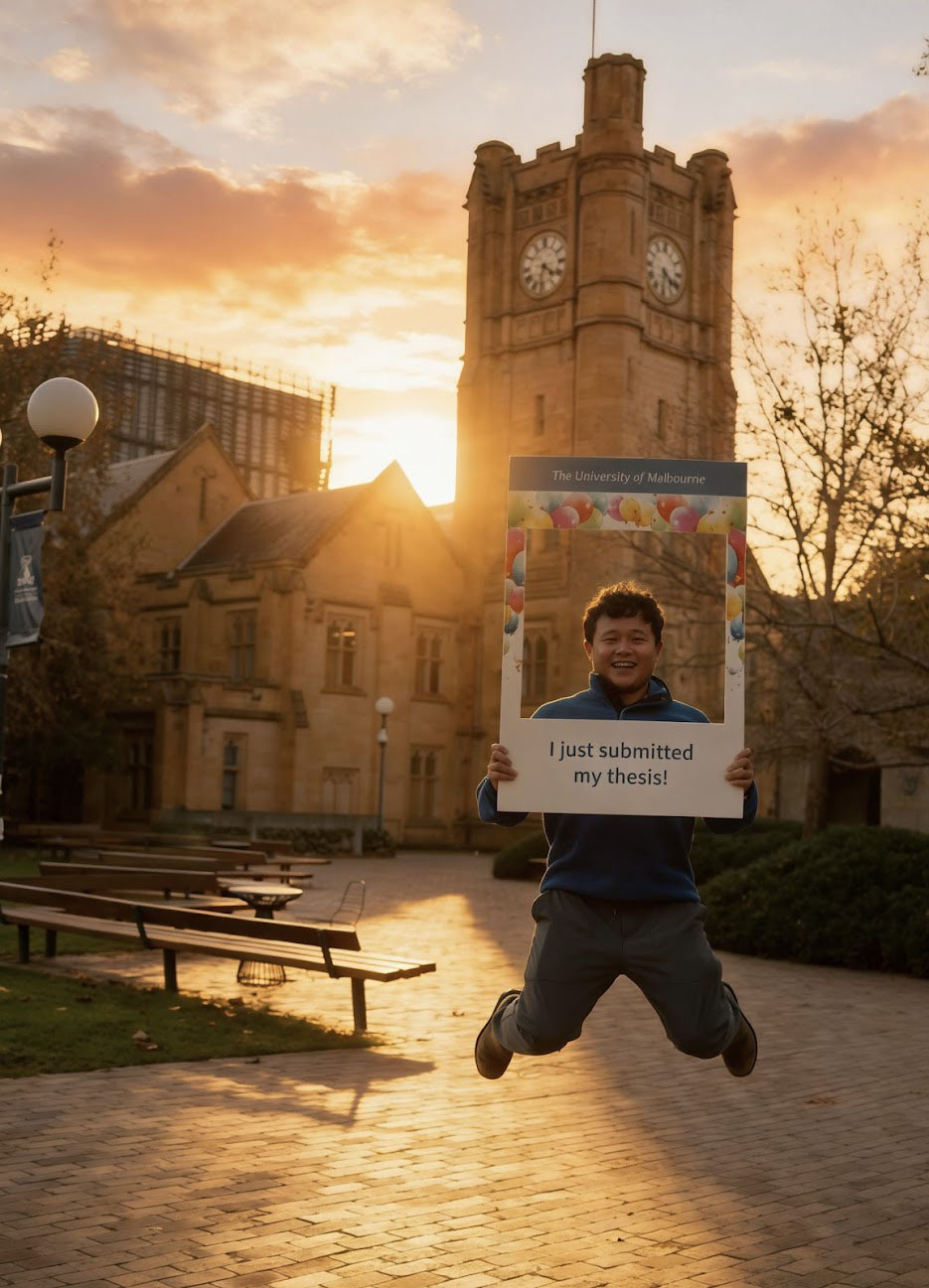 A student holding a frame that says 'The University of Melbourne' and 'I just submitted my thesis' jumps for joy. In the background is Parkville campus near sunset.