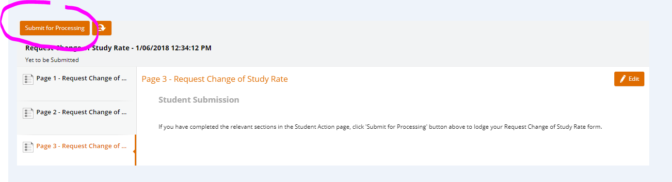 StudentOne screenshot with Submit for Processing button circled