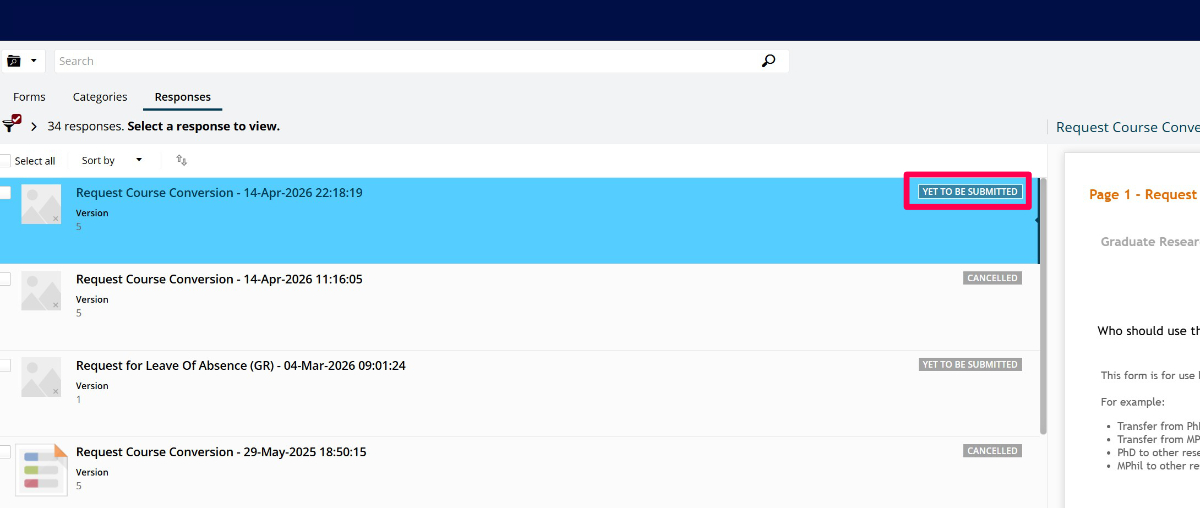 Screenshot within my.unimelb of forms that are 'yet to be submitted'.