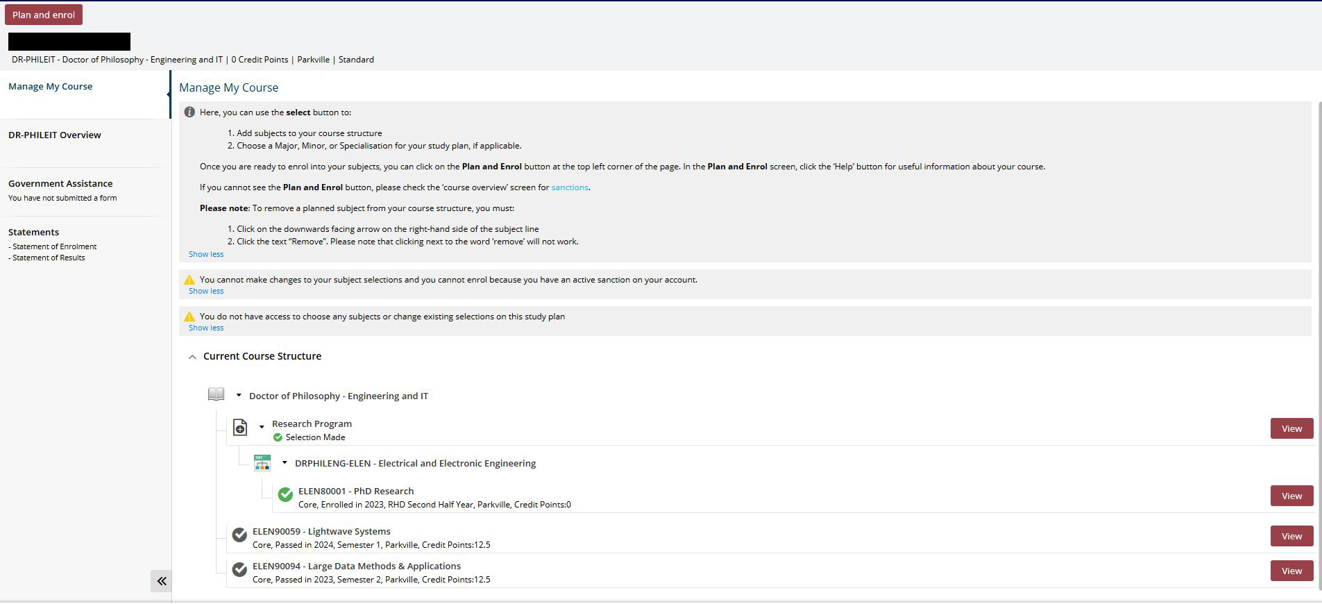 Screenshot from my.unimelb showing information found under 'Manage My Course