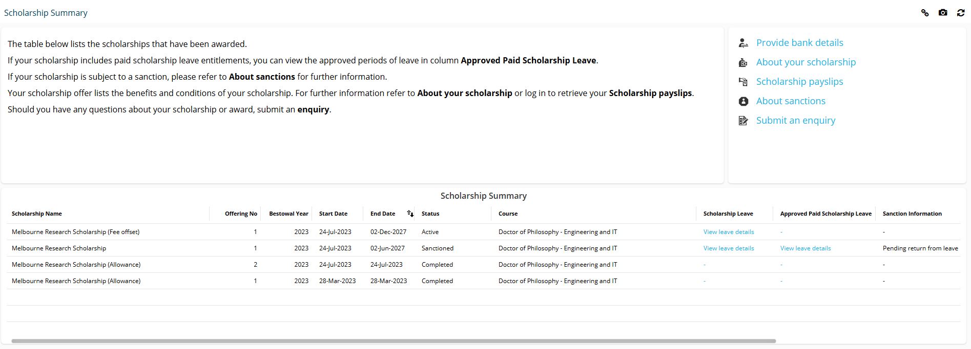 Screenshot from my.unimelb showing information found under 'Scholarship Summary