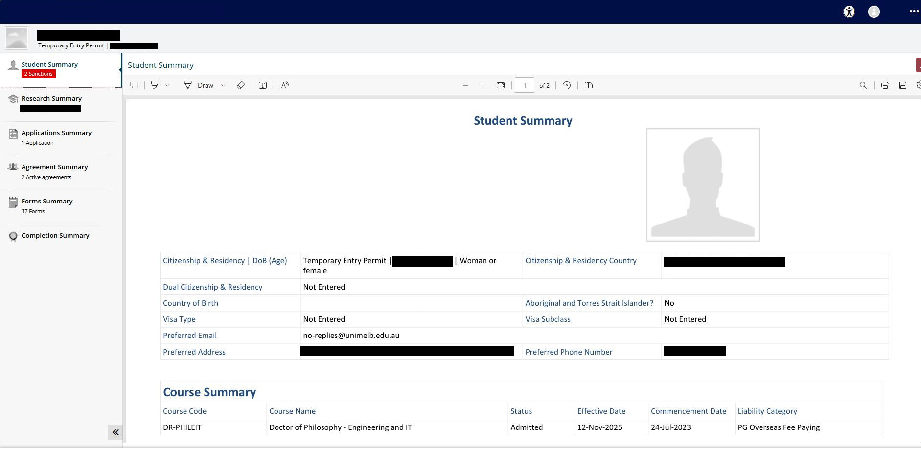 Screenshot of My Overview within my.unimelb