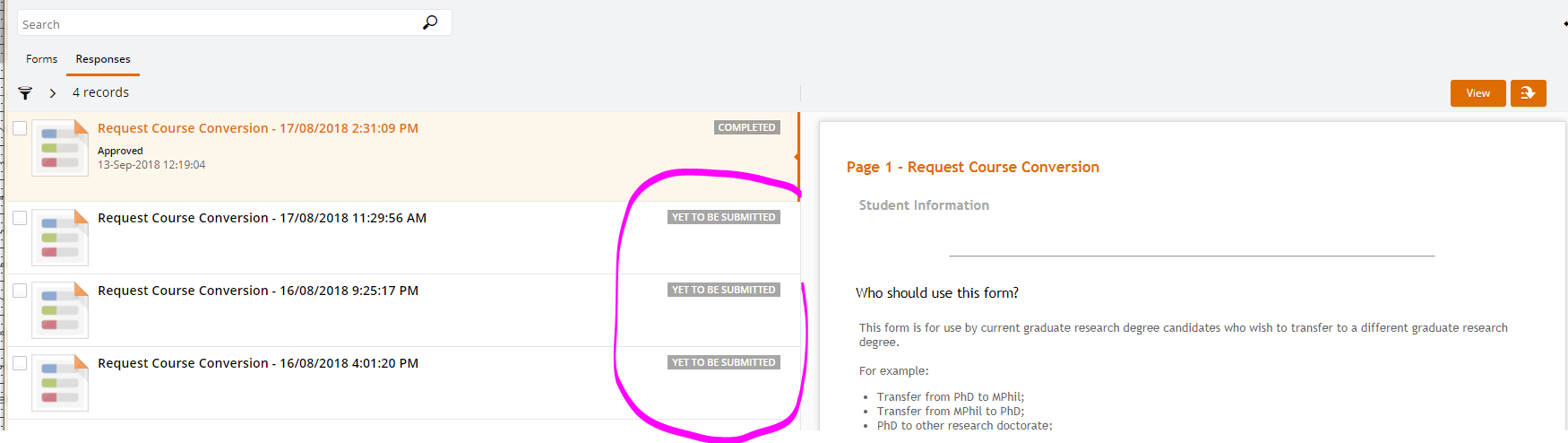 StudentOne screenshot with Yet to be Submitted status circled