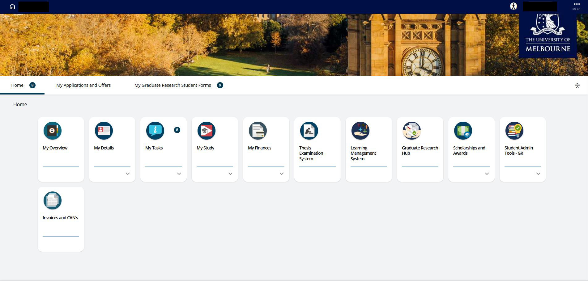 A screenshot of the home page of my.unimelb.