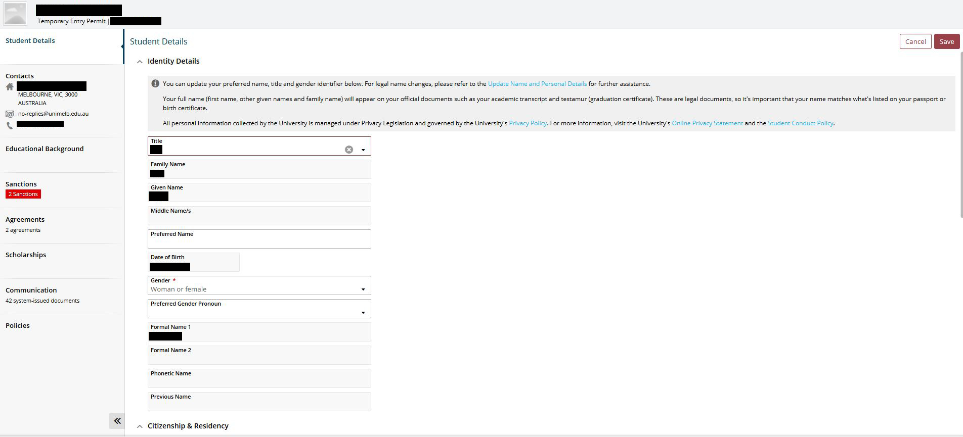 Screenshot from my.unimelb showing information found under 'Student Details