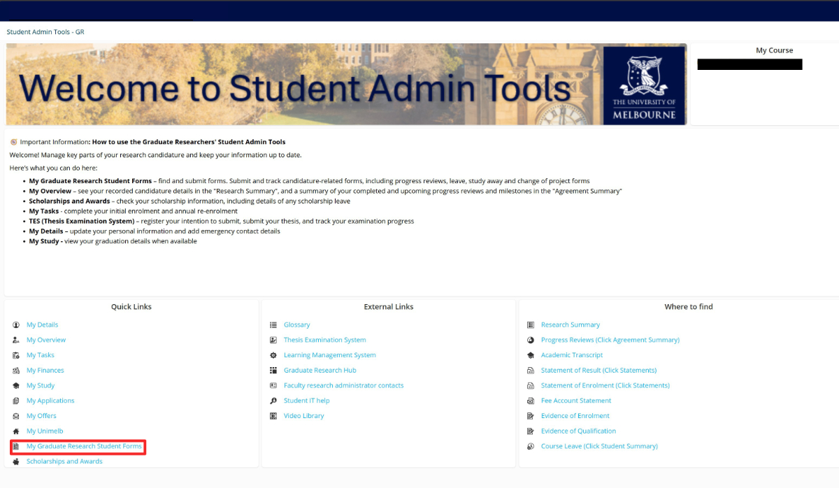 Screenshot of the GR admin tools page within my.unimelb