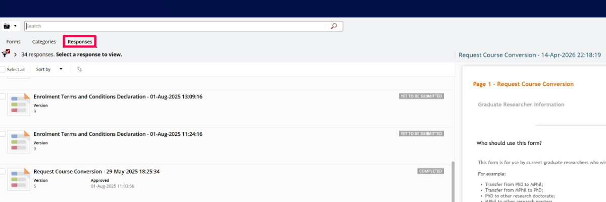 Screenshot of the 'Response' tab within my.unimelb